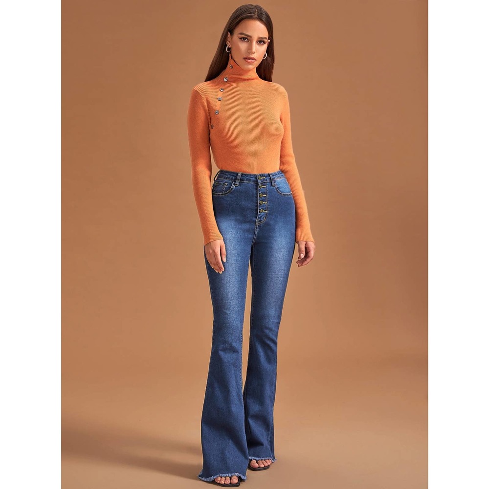 High Waist Button Front Flare Leg Jeans dark wash button fly - Picture 5 of 6